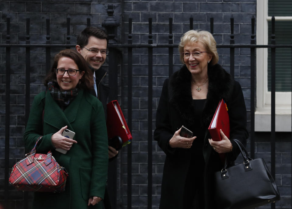 Baroness Evans, left, Leader of the House of Lords with James Brokenshire the Secretary of State for Housing and Andrea Leadsom, Leader of the House of Commons leave after they attended a cabinet meeting at 10 Downing Street, in London Tuesday, Dec. 18, 2018. (AP Photo/Alastair Grant)