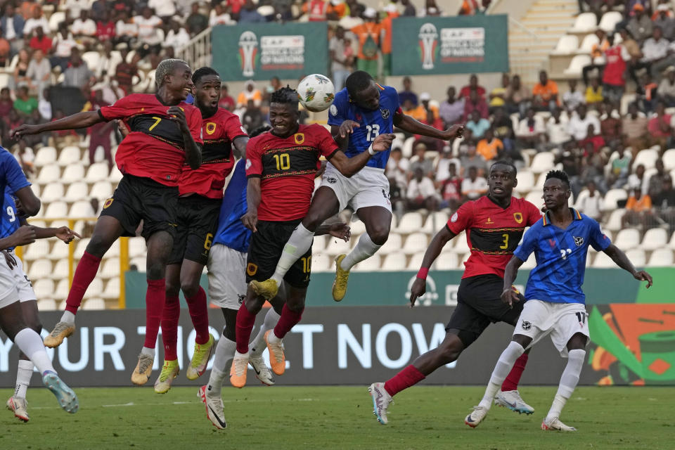 Angola's Gelson Dala, (10), heads to score the second goal during the African Cup of Nations Round of 16 soccer match between Angola and Namibia, at the Peace of Bouake stadium in Bouake, Ivory Coast, Saturday, Jan. 27, 2024. 2024. (AP Photo/Themba Hadebe)