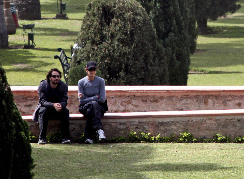 FILE - In this March 22, 2012 file photo, Oscar winning director Kathryn Bigelow, right, sits with American producer and journalist Mark Boal, on the set of her upcoming film about Osama bin Laden, "Zero Dark Thirty," in Pinjore, about 20 kilometers (13 miles) from Chandigarh, India. (AP Photo/Kapil Sethi, File)