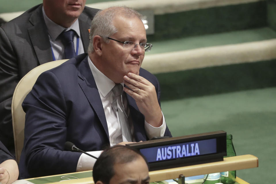 Australian Prime Minister Scott Morrison attends the United Nations General Assembly meeting in New York, September 24, 2019. (Photo by Alex Ellinghausen/The Sydney Morning Herald via Getty Images)