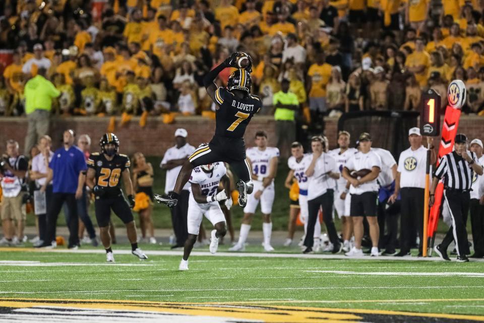 Missouri wide receiver Dominic Lovett (7) jumps to catch a pass during the second half of the Tigers' game against Louisiana Tech on Thursday, Sept. 1, 2022, at Faurot Field.