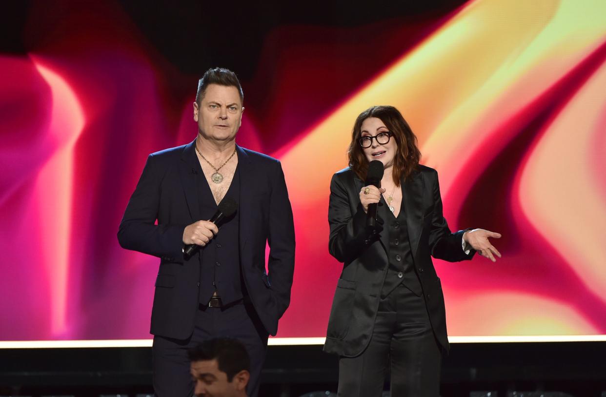 Co-hosts Nick Offerman and Megan Mullally 
slammed Russian President Vladamir Putin from the stage of the 2022 Film Independent Spirit Awards.