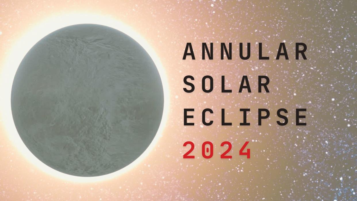  A graphic with black writing "annular solar eclipse" and red text "2024" written underneath. to the left is an ring of fire eclipsed sun and in the background is full of stars. 