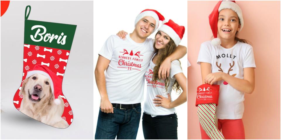 Kmart personalised socks $13, personalised stockings $15, personalised t-shirts $19, personalised Santa sacks $19, Toblerone Milk bars $10, 450g Milo tins $10