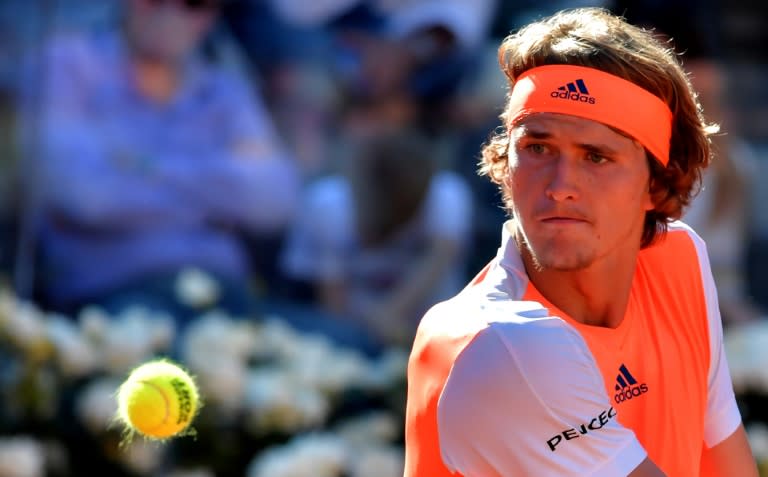 Alexander Zverev of Germany prepares to hit a return to John Isner of USA during their semi-final match at the ATP Tennis Open tournament on May 20, 2017 in Rome