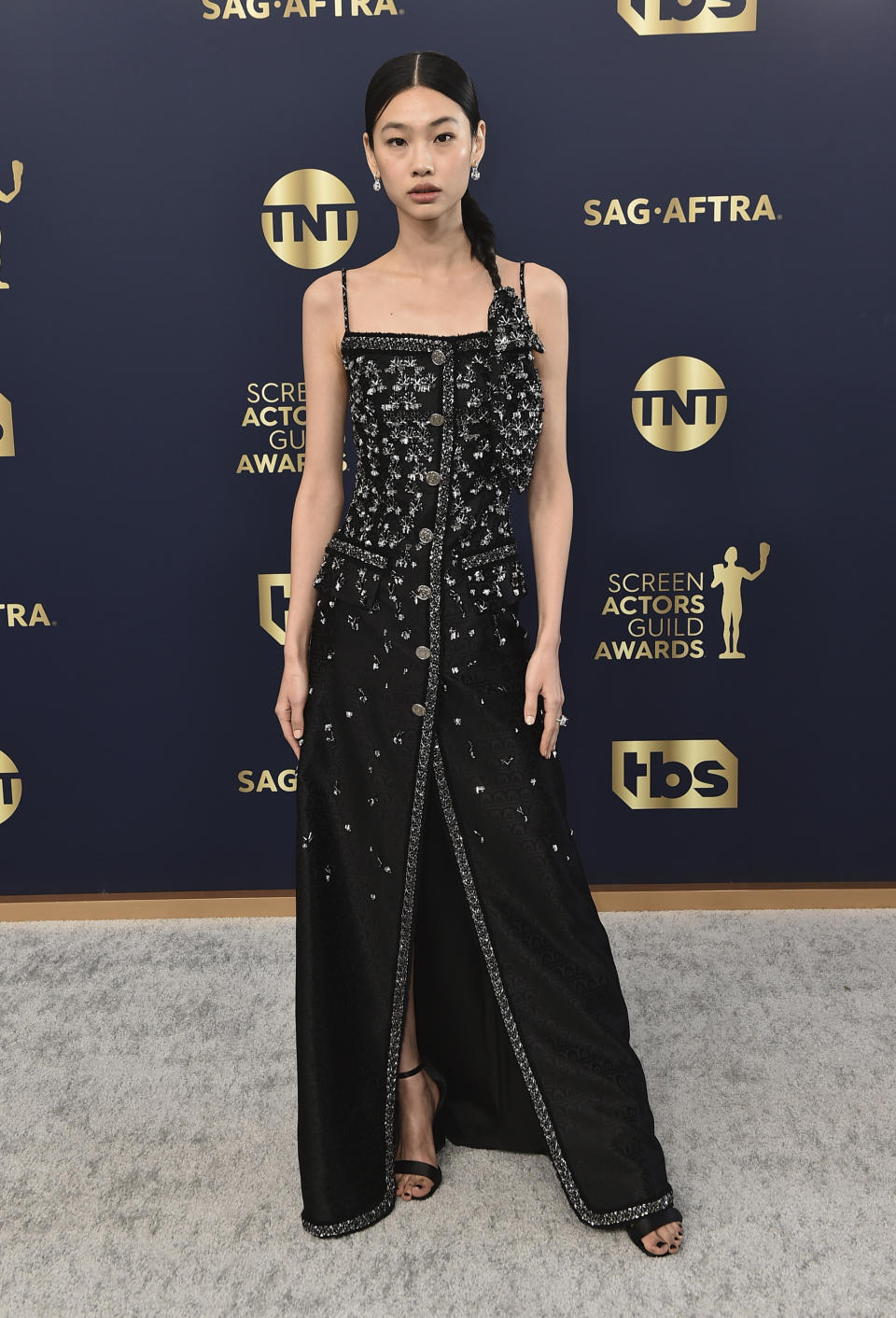 HoYeon Jung arrives at the 28th annual Screen Actors Guild Awards at the Barker Hangar on Sunday, Feb. 27, 2022, in Santa Monica, Calif. (Photo by Jordan Strauss/Invision/AP)