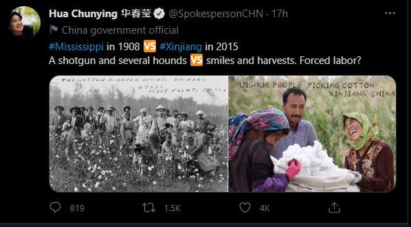 華春瑩晚間也在推特貼出兩張照片，對比1908年的密西西比與2015年的新疆。（圖／翻攝自華春瑩臉書）