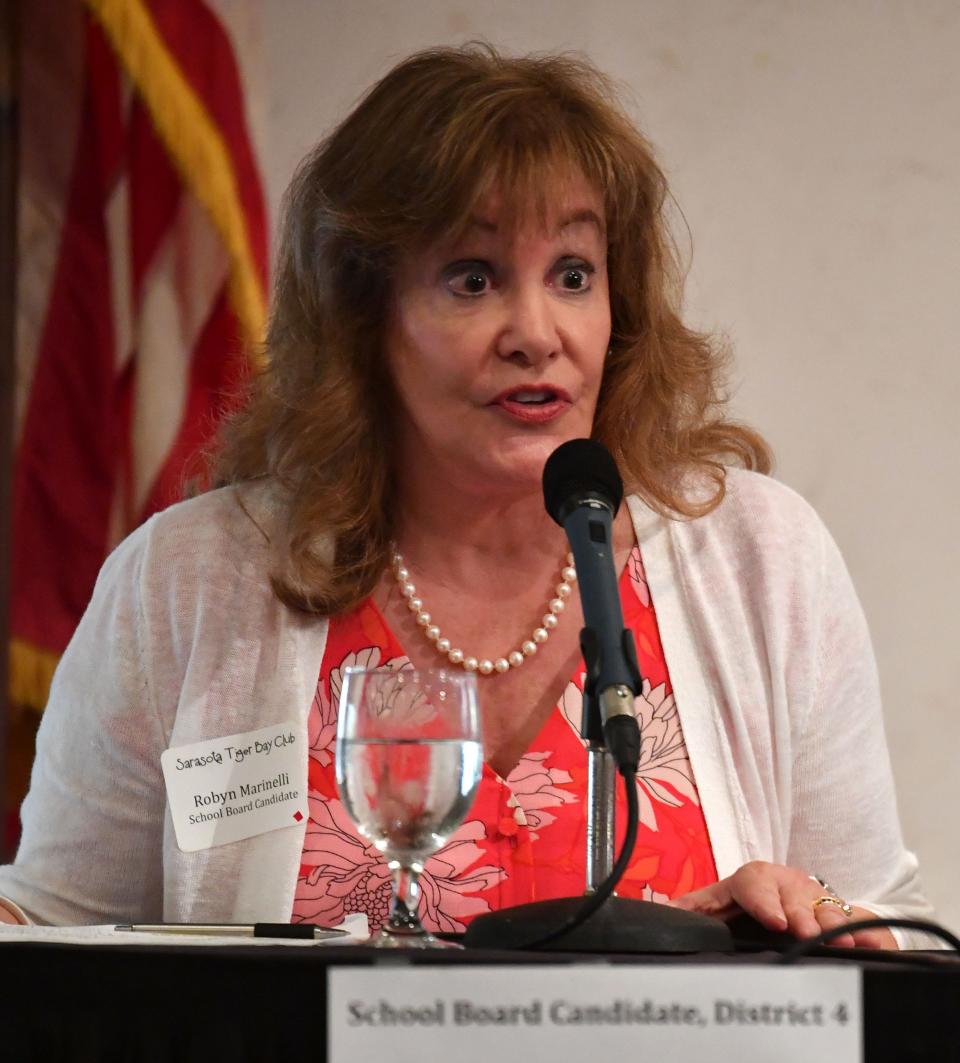 Robyn Marinelli, candidate for school board from District 4, speaks during the luncheon. Sarasota County School Board candidates for District 1 and 4 for the were panelists Thursday at the Tiger Bay Club luncheon at Michael's on East.   District 1:  Running for re-election, Bridget Ziegler and her opponent Dawnyelle SingletonDistrict 4:  Candidates Lauren Kurnov and Robyn Marinelli