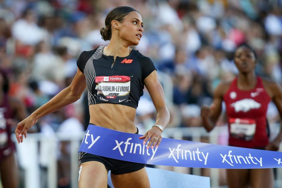 Sydney McLaughlin-Levrone crosses the finish line to win the women’s 400 meters on day three of the USA Outdoor Track and Field Championships at Hayward Field in Eugene Saturday, July 8, 2023. 