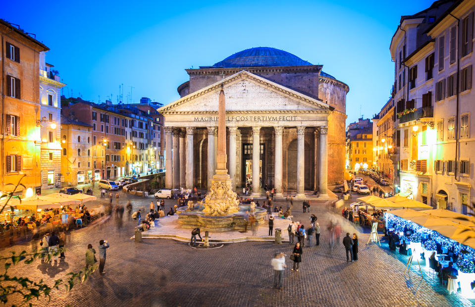 Pantheon at evening in Rome, Italy, Europe. Ancient Roman architecture masterpiece, it was the temple of all the gods. Rome Pantheon is one of the best known landmarks of Rome and Italy