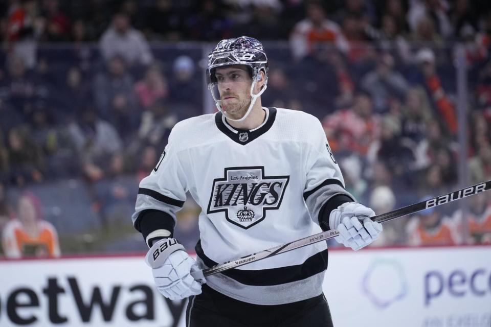 The Kings' Pierre-Luc Dubois looks to the side and holds his stick above his waist during a game in Philadelphia.