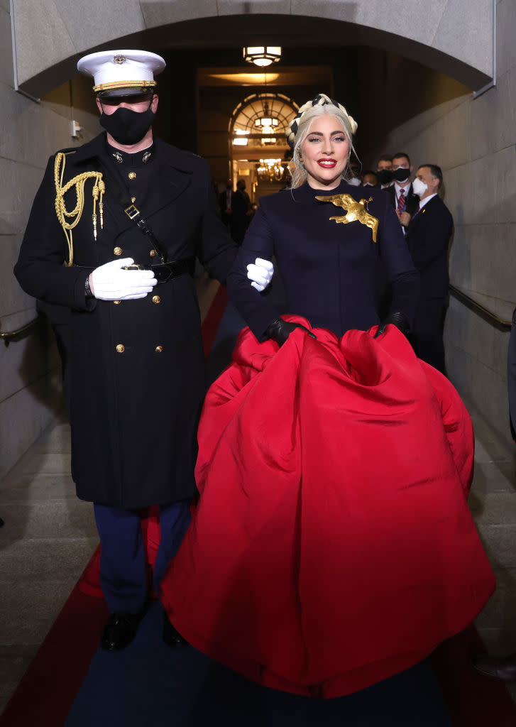 US singer Lady Gaga arrives to perform "The Star-Spangled Banner" during the 59th Presidential Inauguration on January 20, 2021, at the US Capitol in Washington, DC. (Photo by Win McNamee / POOL / AFP) (Photo by WIN MCNAMEE/POOL/AFP via Getty Images)