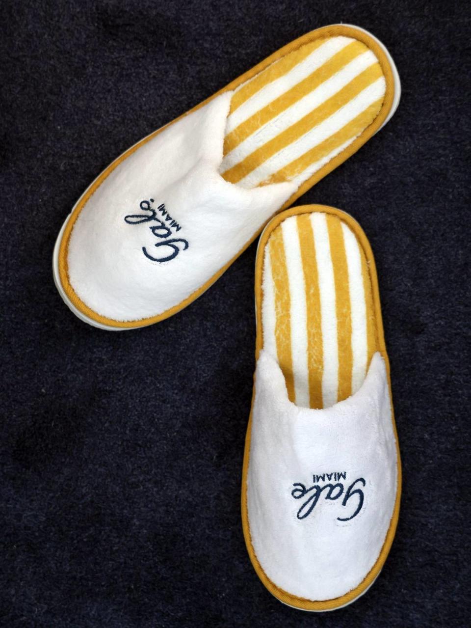 In reach room regardless the size a pair of slippers are placed by the bed at the soon-to-open Gale Hotel and Residence during a recent property preview on Thursday, May 16, 2024 in Miami, Florida.