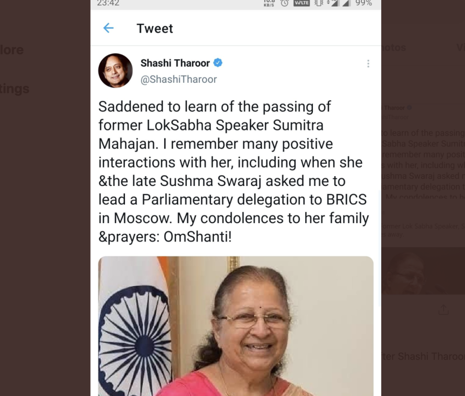 Shashi Tharoor wrongly tweets about Sumitra Mahajan's death