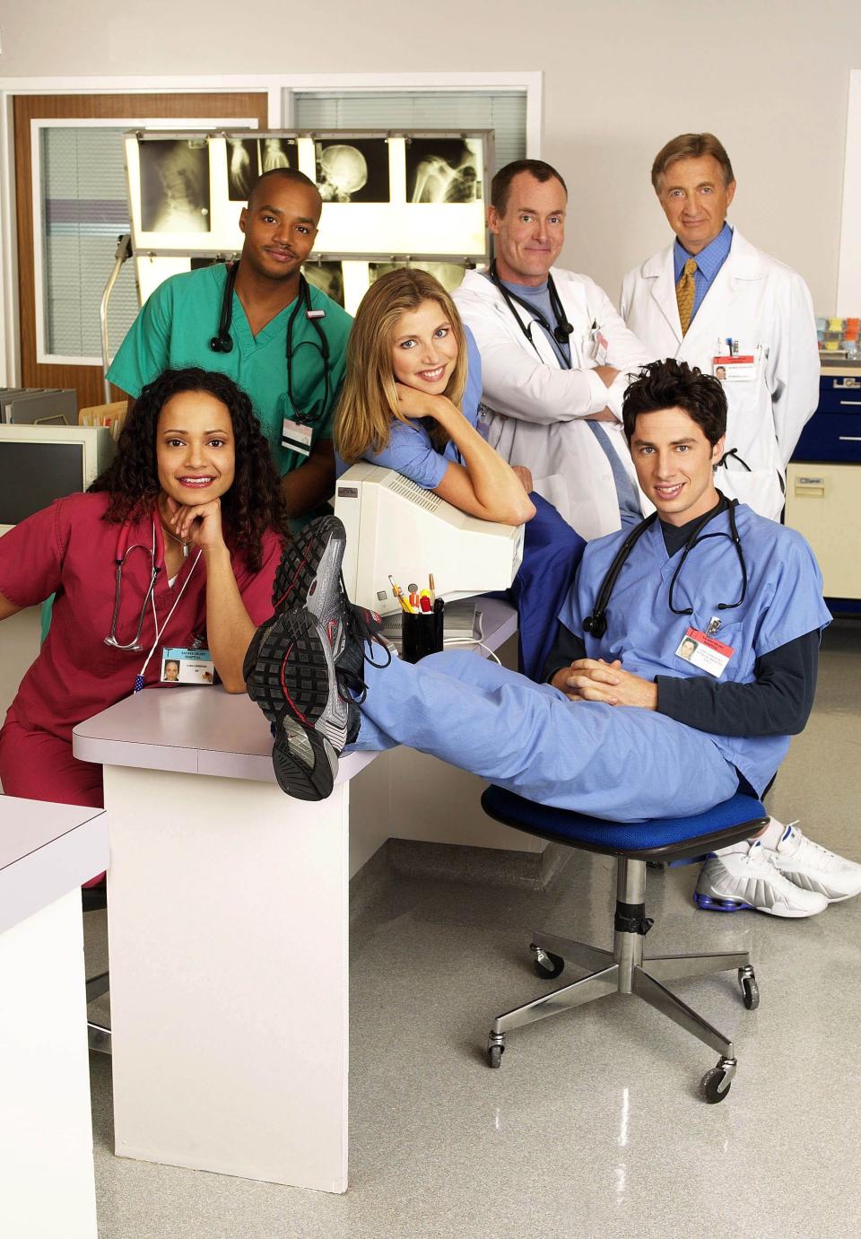 Judy Reyes, Donald Faison, Sarah Chalke, John C. McGinley, Ken Jenkins, and Zach Braff in "Scrubs."