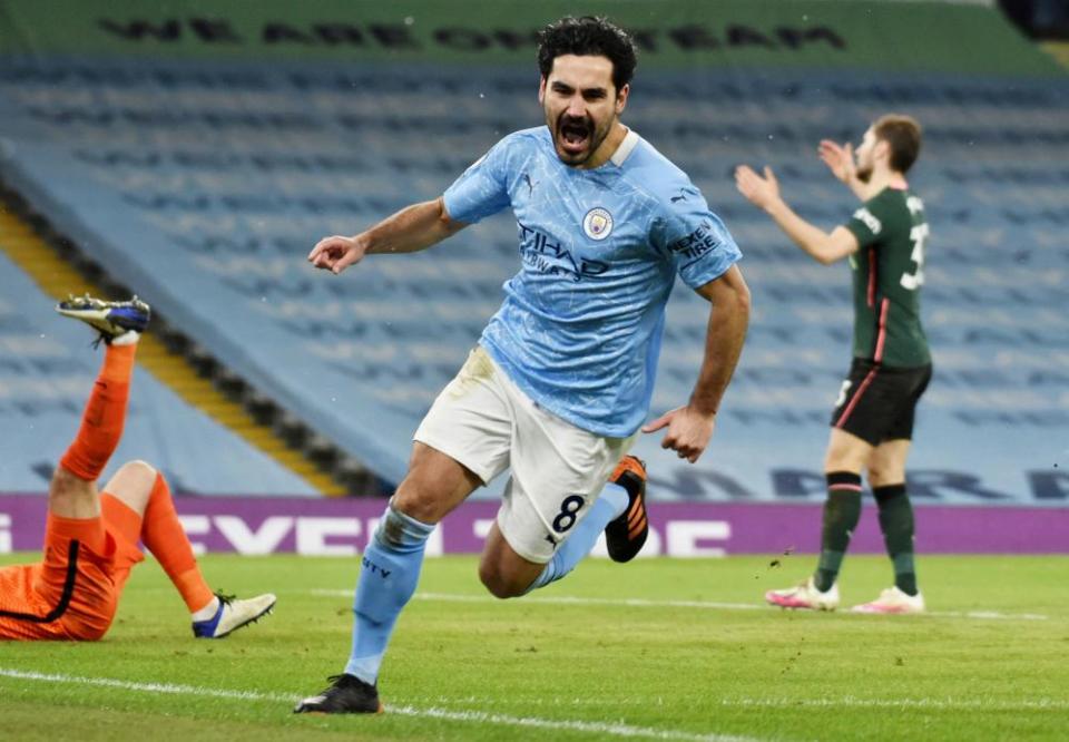 Ilkay Gündogan celebrates after scoring in February’s win over Tottenham. He is Manchester City’s leading Premier League scorer with 12.