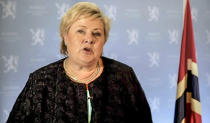 In this photo taken from video shown at United Nations headquarters, Norway's Prime Minister Erna Solberg remotely addresses the 76th session of the U.N. General Assembly in a pre-recorded message, Wednesday Sept. 22, 2021. (UN Web TV via AP)