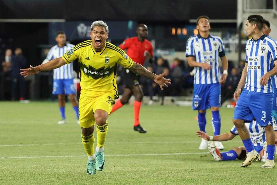 Crew forward Cucho Hernandez celebrates his first half against CF Monterrey in Columbus' 2-1 win Wednesday.