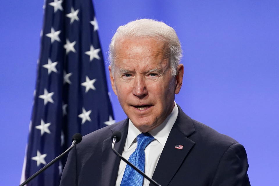 President Biden speaks during a press conference at the U.N. Climate Change Conference in Glasgow, Scotland, on Tuesday.