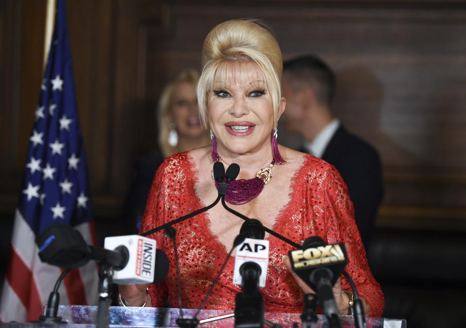 FILE - Ivana Trump announces the new "Italiano Diet" to stay healthy and fight obesity at the Oak Room at the Plaza Hotel on June 13, 2018, in New York. Ivana Trump, the first wife of Donald Trump, has died in New York City, the former president announced on social media Thursday. (Photo by Evan Agostini/Invision/AP, File)