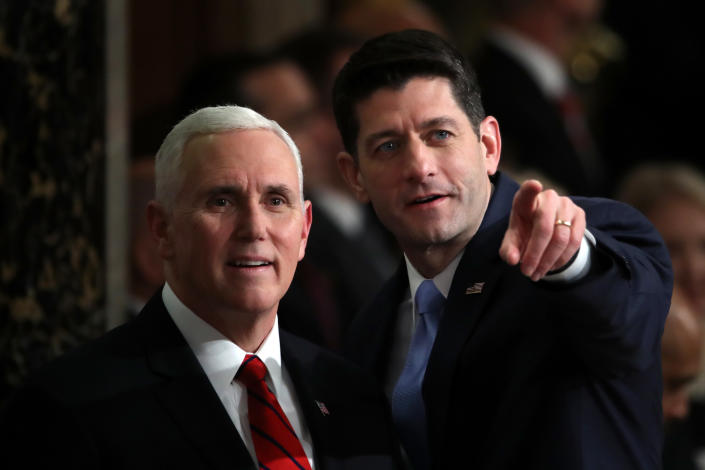 <p>Pence, left, and Ryan attend the State of the Union address on Jan. 30 in Washington, D.C. (Photo: Mark Wilson/Getty Images) </p>