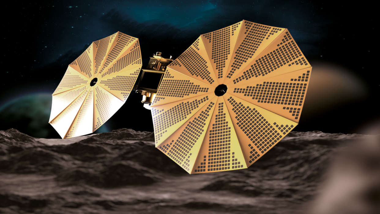  illustration of a spacecraft with two circular solar panels deployed. below the spacecraft is an asteroid's surface 