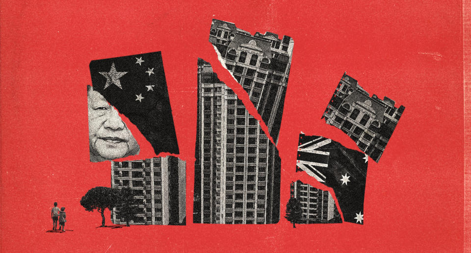 Graphic depicting buildings breaking and China's president Xi and the Chinese and Australian flags in tatters.