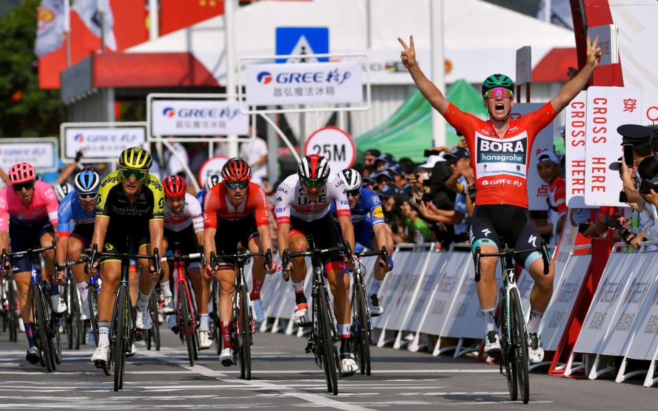 Pascal Ackermann celebrates victory on stage three - Velo