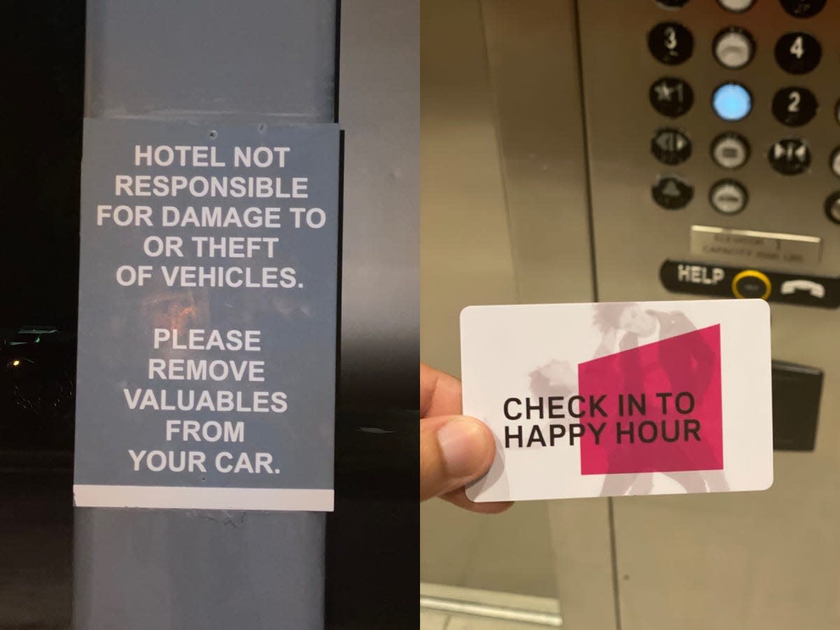 warning sign in hotel parking lot next to picture of someone holding hotel key in elevator
