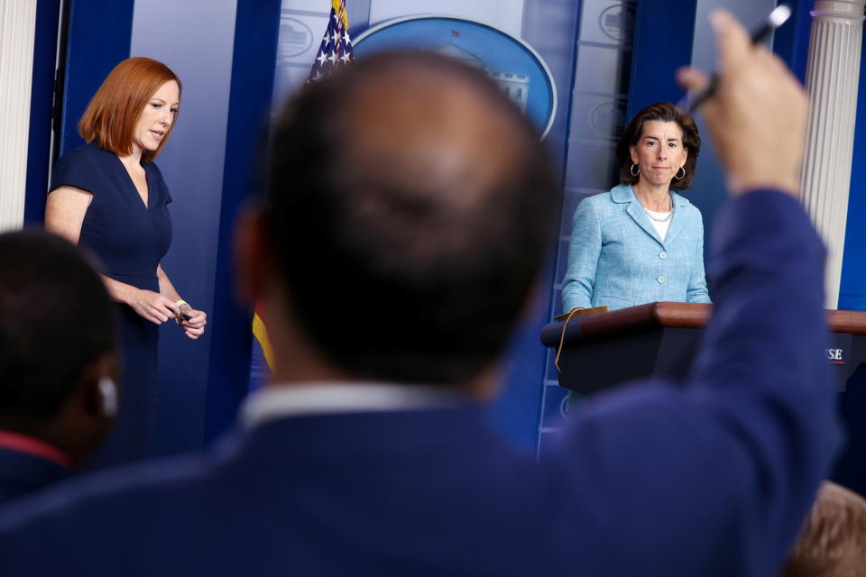 U.S. Commerce Secretary Gina Raimondo joins White House Press Secretary Jen Psaki for the daily press briefing at the White House in Washington, U.S. July 22, 2021.  REUTERS/Jonathan Ernst