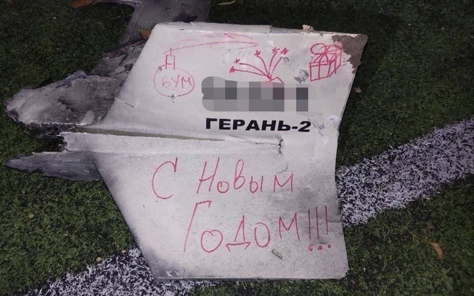 The destroyed drones included a broken tailfin with a Russian New Year greeting and a crude drawing of a bomb