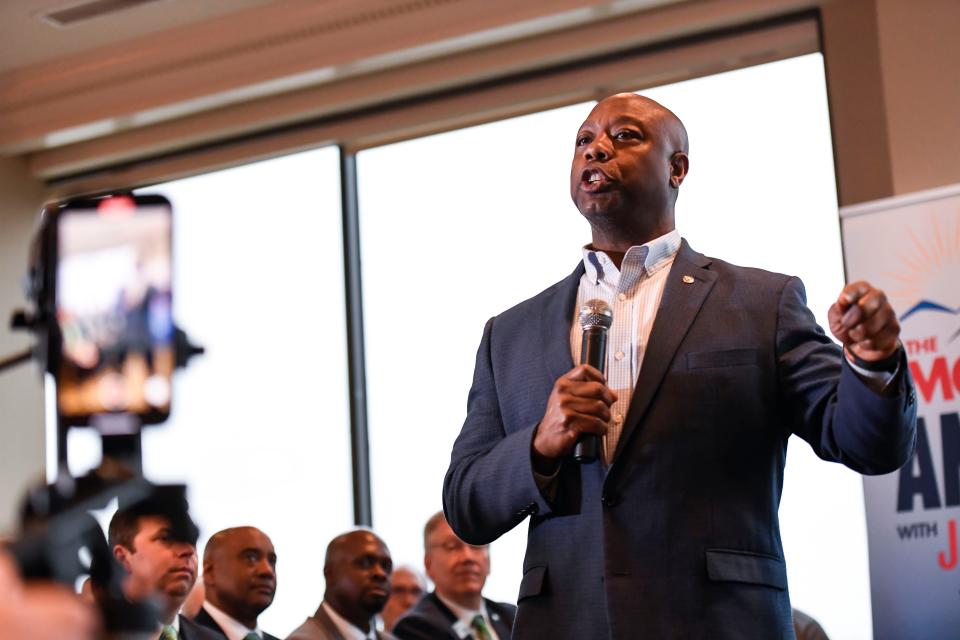 Sen. Tim Scott speaks at an event with  Fourth District Republican Club at the Commerce Club in Greenville, S.C., on Friday, May 12, 2023. 