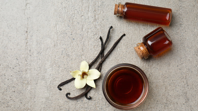 Top-down view of vanilla extract on a table