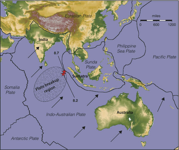 A map of the Indian Ocean region shows boundaries of Earth’s tectonic plates in the area, and the epicenters (red stars) of two great earthquakes that happened April 11, 2012.