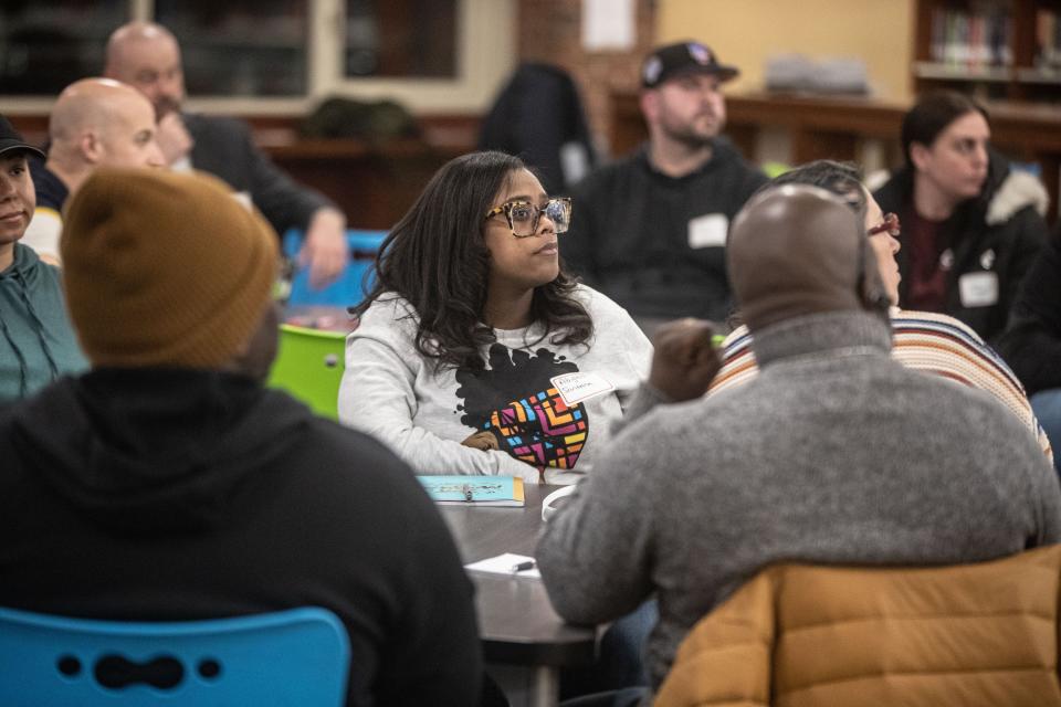 Abigail Santana, a parent of a student at the George Fischer Middle School in Carmel, was among members of the community that attended a forum at Carmel High School March 1, 2023 after several high school students produced a a series of TikTok videos with racist language and threats of gun violence. Parents, school administrators, and members of the Putnam County Sheriffs Department attended the forum.