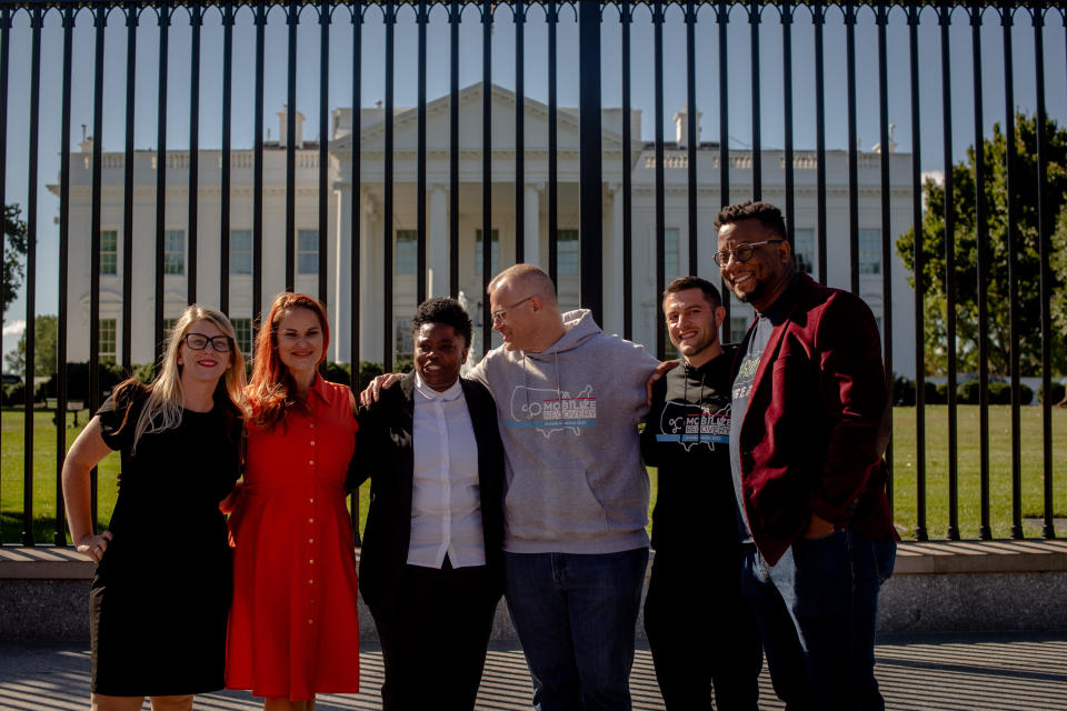 Mobilize Recovery team members and organizers at the White House, September 2022. Left to right: Courtney Allen, Sheilah Powell, Tee Scott, Ryan Hampton, Garrett Hade, Joseph Green. / Credit: Hilary Swift for Mobilize Recovery