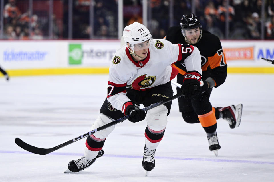 Ottawa Senators' Shane Pinto skates up ice during the second period of an NHL hockey game against the Philadelphia Flyers, Sunday, Jan. 21, 2024, in Philadelphia. (AP Photo/Derik Hamilton)