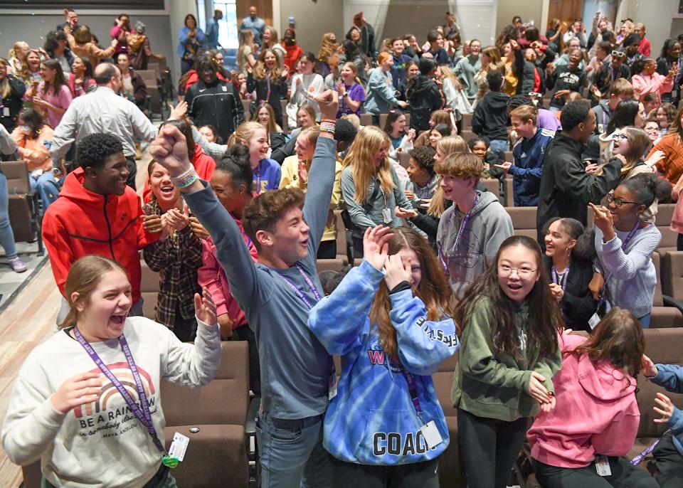 Southwood Academy of the Arts students celebrate the announcement of the school winning Special School category for Palmetto's Finest Award winners for 2023, in their auditorium via SCETV telecast Wednesday, March 15, 2023. South Carolina Association of School Administrators awarded two elementary, two secondary and Southwood as the one Special School category. Woodmont High in Greenville was one of the secondary school winners.