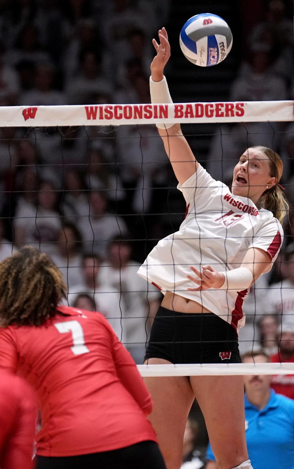 Wisconsin outside hitter Sarah Franklin (13) is shown during their volleyball match against Ohio State Wednesday, October 18, 2023 at the UW Field House in Madison, Wisconsin.