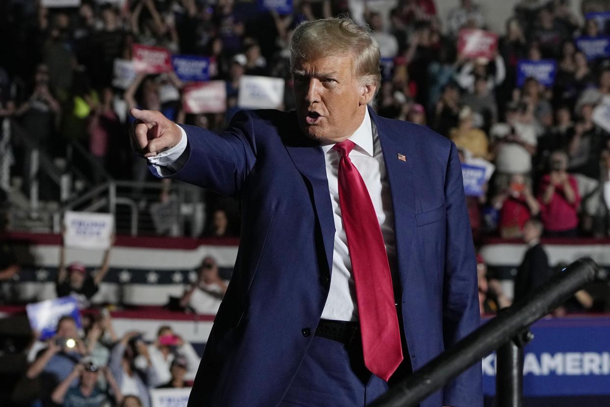 Republican presidential candidate former President Donald Trump arrives for a campaign rally Saturday, July 29, 2023, in Erie, Pa. (AP Photo/Sue Ogrocki)