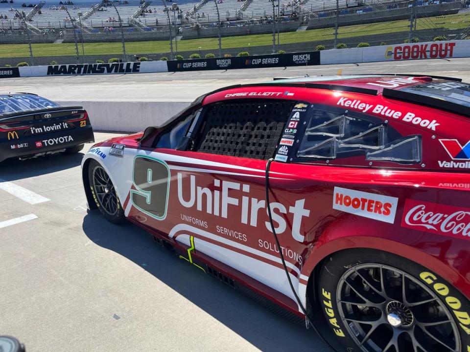 Hendrick Motorsports’ ruby red 40th anniversary paint scheme on Chase Elliott’s No. 9 Chevrolet, on pit road prior to the NASCAR Cup Series’ Cook Out 400 on Sunday, April 7. Shane Connuck/The Charlotte Observer