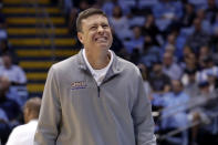 James Madison head coach Mark Byington reacts to a play during the second half of an NCAA college basketball game against North Carolina, Sunday, Nov. 20, 2022, in Chapel Hill, N.C. (AP Photo/Chris Seward)
