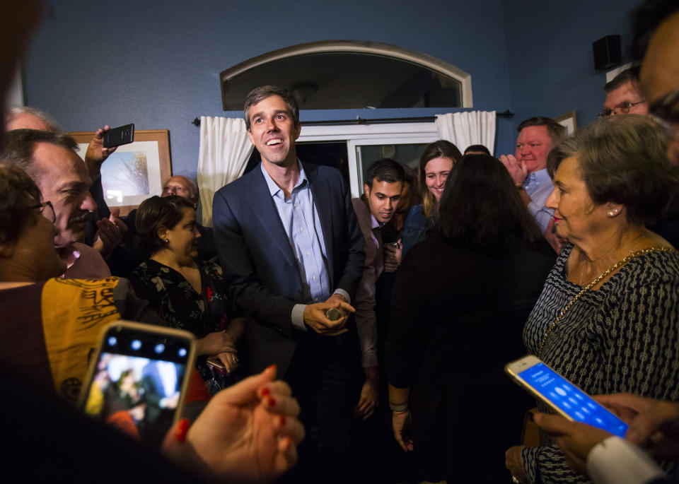 Democratic presidential candidate and former Texas congressman Beto O'Rourke is introduced at a campaign stop at a home in Las Vegas on Saturday, March 23, 2019. (Chase Stevens/Las Vegas Review-Journal via AP)