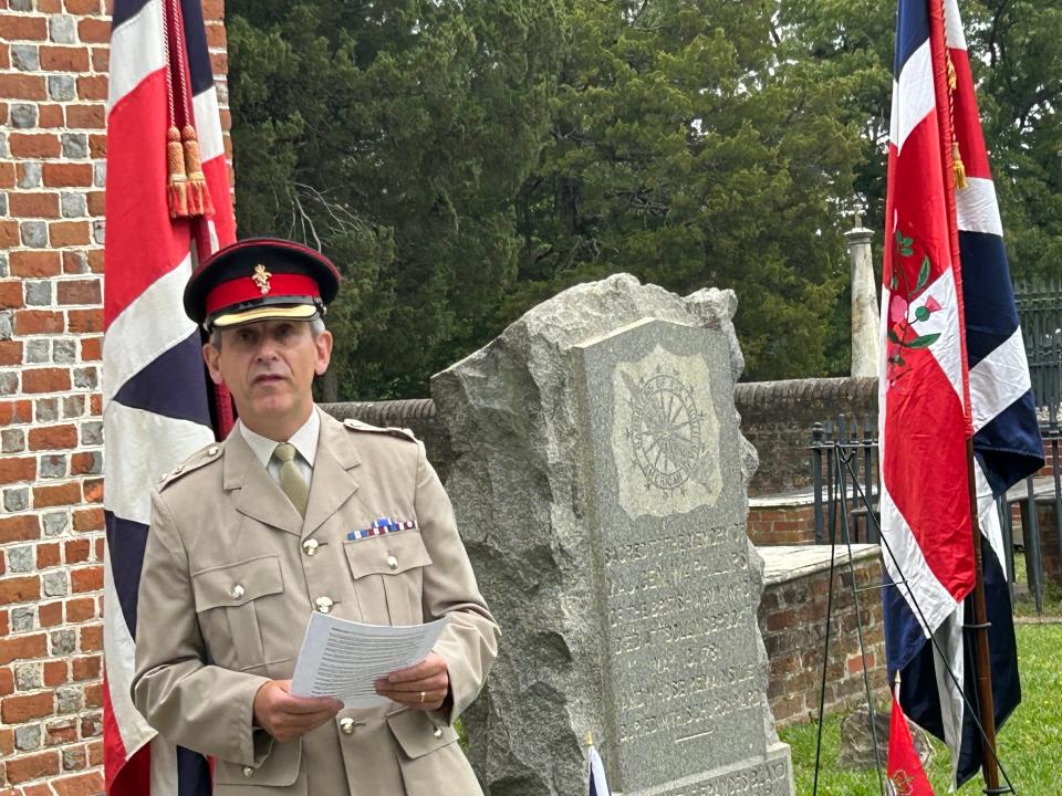 Lt. Col. David Reith speaks during a ceremony honoring the late Maj. Gen. William Phillips Saturday, May 13, 2023 outside Blandford Church in Petersburg. Reith is a British liaison officer for the Combined Arms Support Command at Fort Gregg-Adams.