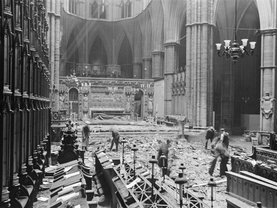 Bomb damage to area of Westminster Abbey known as "The Crossing."