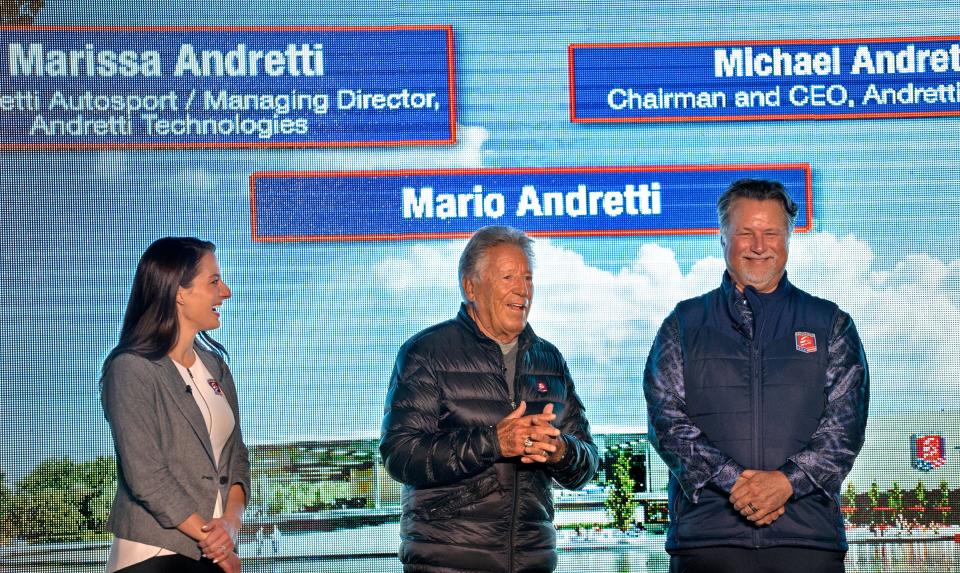 Marissa Andretti, Mario Andretti and Michael Andretti come together during the groundbreaking event for the new Andretti Global motorsports headquarters facility Tuesday, Dec. 6, 2022 in Fishers.