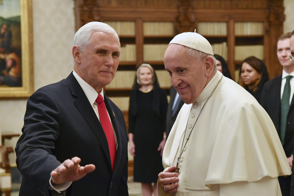 Pope Francis meets with US Vice President Mike Pence, left, on the occasion of their private audience, at the Vatican, Friday, Jan. 24, 2020. Pence told Pope Francis, “You made me a hero" back home by granting him a private audience at the Vatican on Friday. (Alessandro Di Meo/Pool Photo via AP)