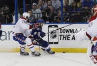 May 6, 2015; Tampa, FL, USA; Tampa Bay Lightning center Tyler Johnson (9) skates with the puck as Montreal Canadiens defenseman P.K. Subban (76) defends during the second period of game three of the second round of the 2015 Stanley Cup Playoffs at Amalie Arena. Mandatory Credit: Kim Klement-USA TODAY Sports