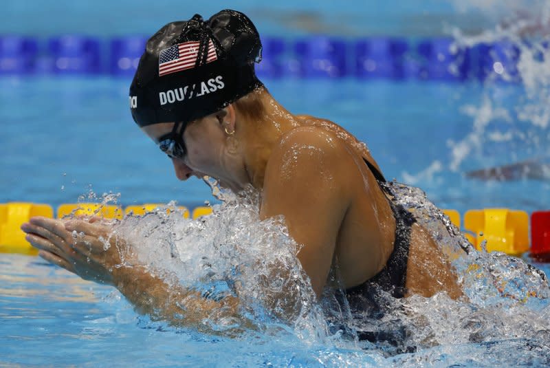 Kate Douglass won the women's 100-meter freestyle event at the U.S. Olympic trials Wednesday in Indianapolis. File Photo by Tasos Katopodis/UPI