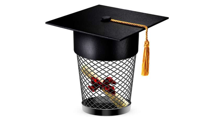 An illustration of a garbage basket holding a diploma and wearing a graduation cap